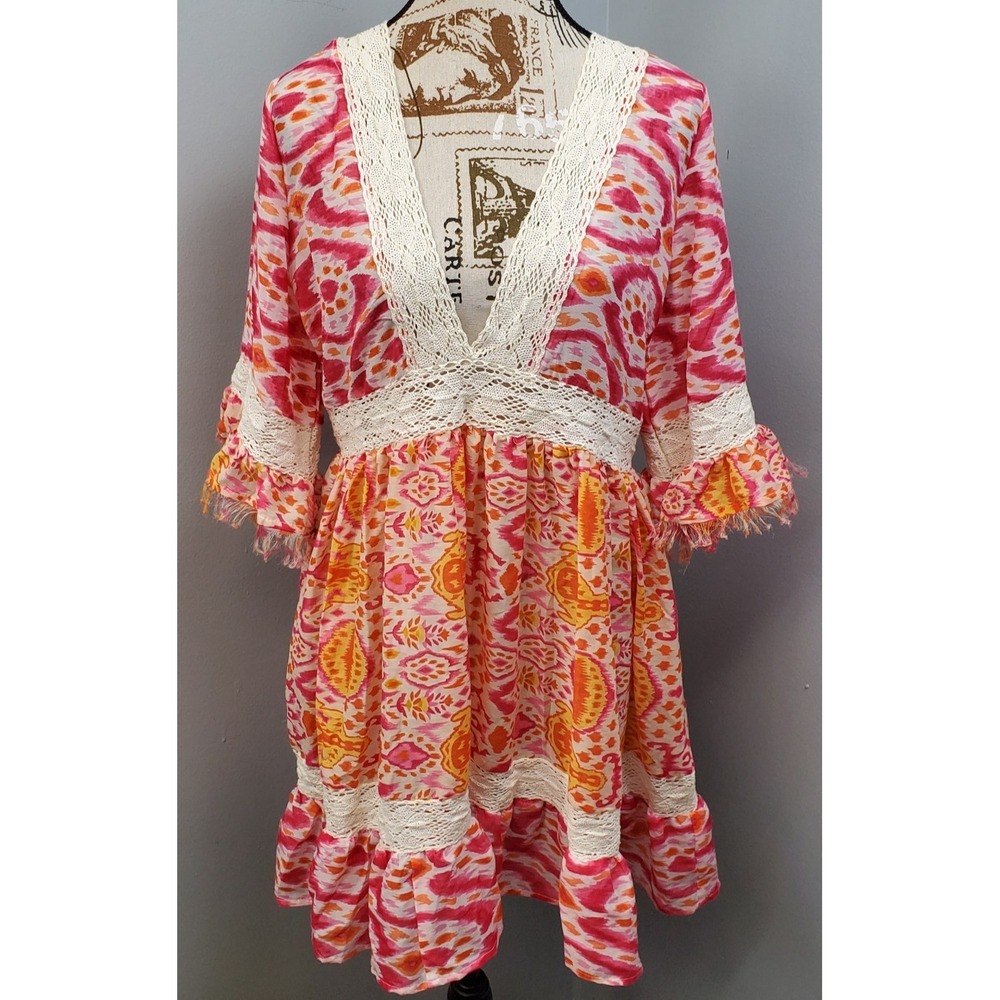 La Moda Mini Boho Dress Womens L/XL Multi Ikat Intricate Lace Trim Deep V-Neck